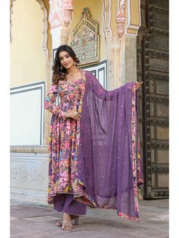 BAIRAAS - Floral Printed Mirror Work Silk Crepe Anarkali Kurta with Palazzo and Dupatta