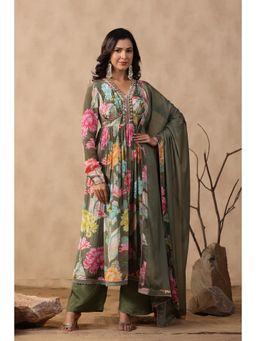 BAIRAAS - Floral Printed Panelled Thread Work Silk Anarkali Kurta with Palazzo and Dupatta