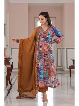 BAIRAAS - Women Motifs Printed Tiered Gotta Patti Anarkali Kurta with Pant and Dupatta