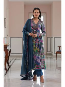 BAIRAAS - Women Motifs Printed Tiered Gotta Patti Anarkali Kurta with Pant and Dupatta