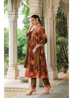 BAIRAAS - Floral Printed Mirror Work Anarkali Kurta with Pant and Dupatta