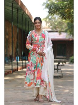 BAIRAAS - Floral Printed Empire Silk Crepe Kurta with Palazzo and Dupatta