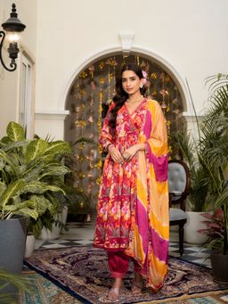 BAIRAAS - Women Floral Printed Empire Thread Work Anarkali Kurta and Salwar with Dupatta