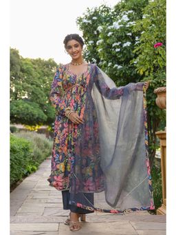 BAIRAAS - Floral Printed Mirror Work Silk Crepe Anarkali Kurta with Palazzo and Dupatta