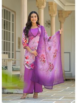 BAIRAAS - Purple Floral Printed Kurta and Palazzo with Dupatta