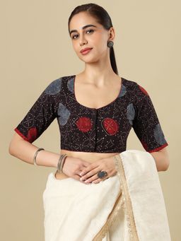 SALWAR STUDIO - Ajrakh Block Printed Cotton Round Neck Non-Padded Saree Blouse