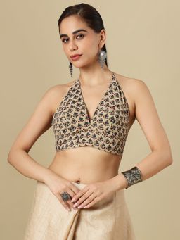 SALWAR STUDIO - Ajrakh Block Printed Cotton Halter Neck Padded Saree Blouse