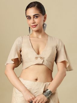 SALWAR STUDIO - Linen Solid V - Neck Flared Sleeves Padded Saree Blouse
