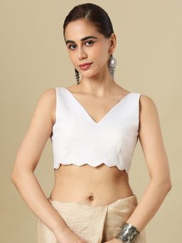 SALWAR STUDIO - Linen Solid V - Neck Sleeveless Padded Saree Blouse