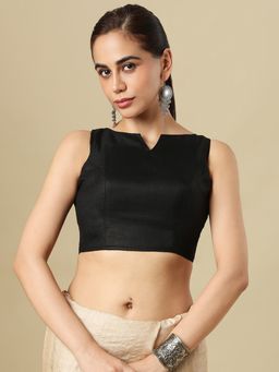 SALWAR STUDIO - Linen Solid Boat Neck Sleeveless Padded Saree Blouse