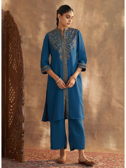 Lakshita - Dark Teal Embroidered and Front Slit Kurta with Pant