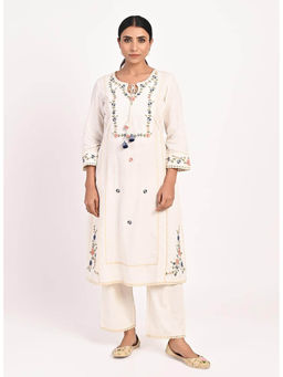 Lakshita - Ivory Embroidered Straight Fit Cotton Kurta with Pant
