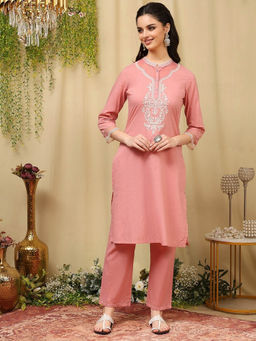 Nayam by lakshita - Pure Cotton Pink Embroidered Kurta with Pant