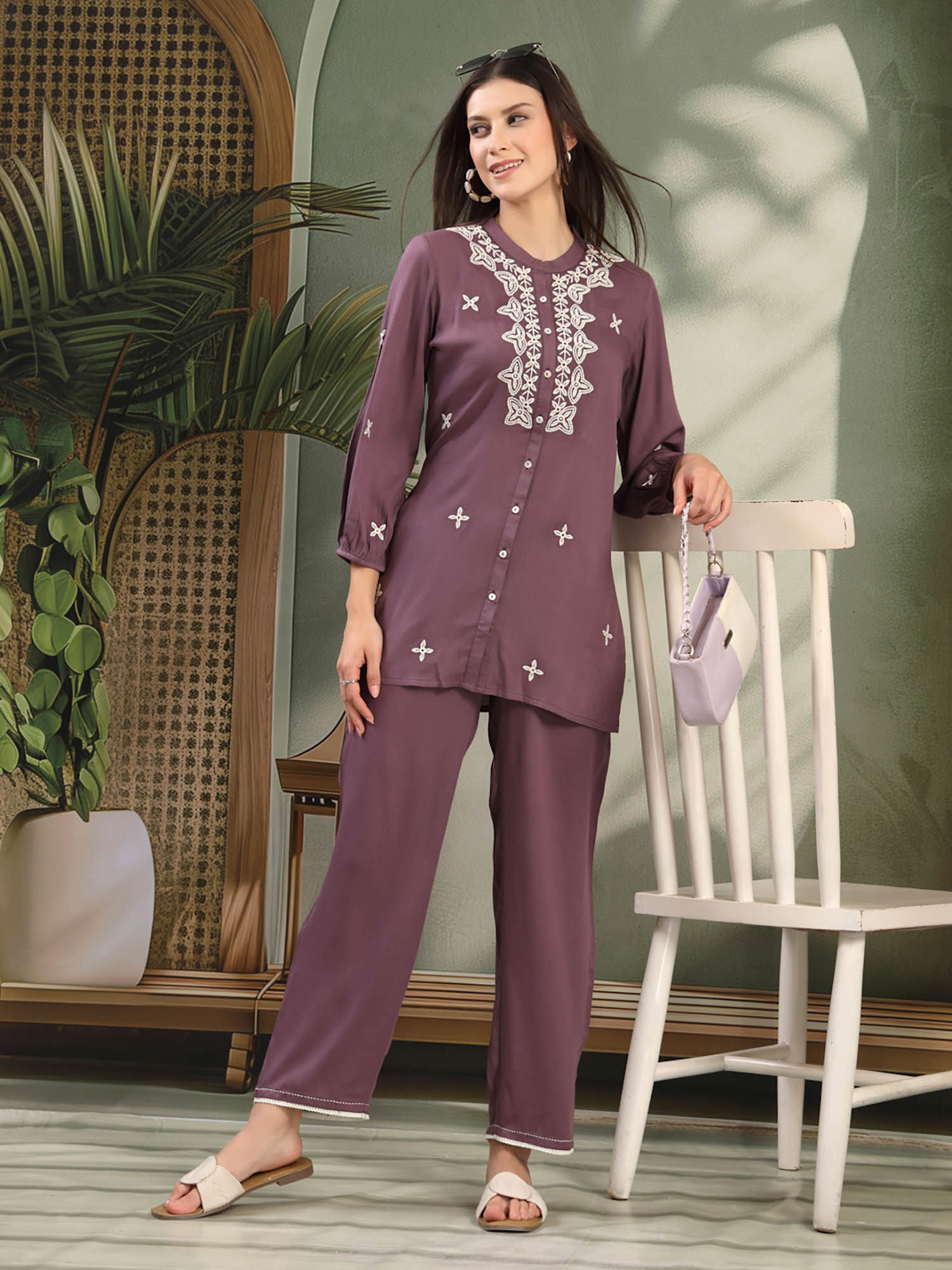 Solid Lakhnavi Embroidered Rayon Co-Ord Set-picture-10
