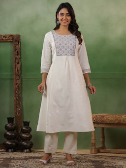 SPAN - Off White A-Line Printed Kurta with Pant
