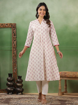 SPAN - White A-Line Printed Kurta with Pant