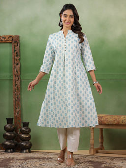 SPAN - White A-Line Printed Kurta with Pant