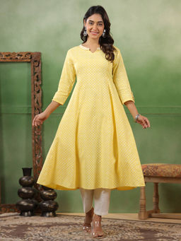 SPAN - Yellow A-Line Printed Anarkali Kurta with Pant