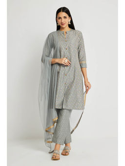 SPAN - Grey A-Line Printed Kurta With Pant & Dupatta