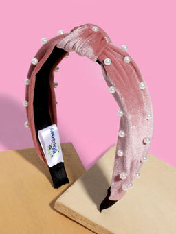 Blueberry - Princess Pearl Embellished Pink Velvet Knot Hair Band