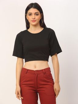 RIGO - Black Back Design Round Neck Cotton Half Sleeve Crop Top