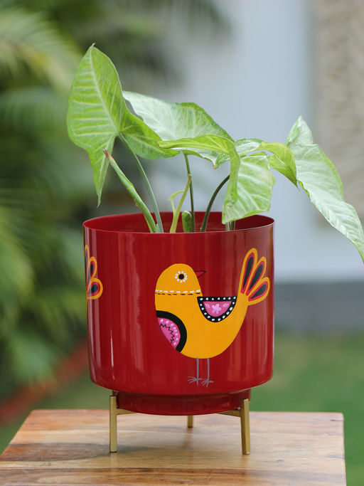 Revive Home Bird Design Hand Painted Planter - Red