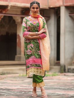 Scakhi - Jadegreen Chinon Digital Print Suit Set with Organza Dupatta (Set of 3)