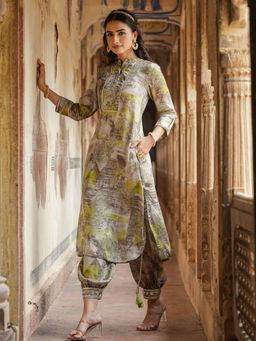 Scakhi - Grey Satin Print with Gota Work Pathani Kurta with Patiala Pant (Set of 2)