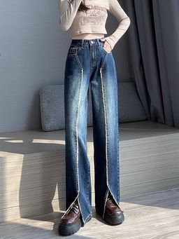 SYKON - Straight Leg Jeans with Frayed Edges and Slits