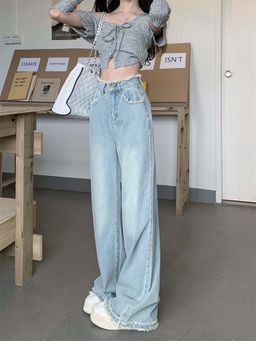 SYKON - Vintage Green Frayed Straight-Leg Jeans for Women