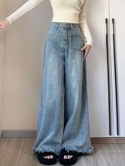 SYKON - Xintang Denim Niche Design High-Waisted Frayed Hem