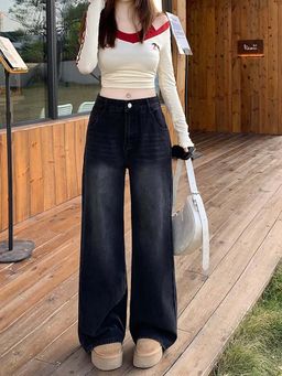SYKON - Casual Wide Leg Black/Grey Straight Leg Jeans for Women