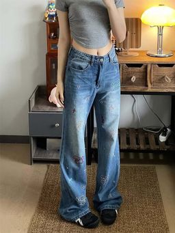 SYKON - Puppy Embroider Printed High-Waisted Straight Jeans