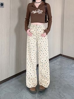 SYKON - Vintage Khaki Floral High-Waisted Straight-Leg Jeans