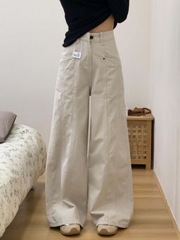 SYKON - Wide-Leg Retro American-Style Sand White Workwear Jeans