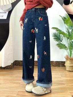 SYKON - Retro Bow and Puppy Embroidery Straight Jeans