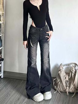 SYKON - Sexy Slim Fit High-Waisted Distressed Low-Rise Jeans