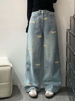 SYKON - Dachshund Puppy Embroidered Straight Wide-Leg Jeans