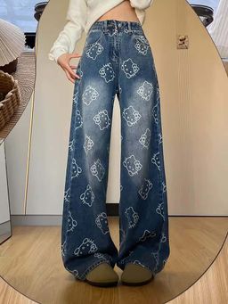 SYKON - Cat Print Straight Wide Leg Jeans for Petite Girls