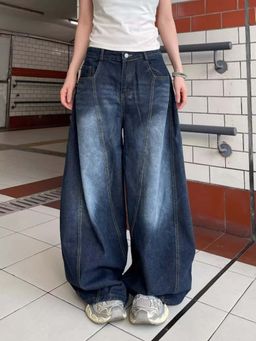 SYKON - Straight Loose Design Embroidered Splicing Wide-Leg Jeans