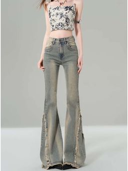 SYKON - High-Waisted, Non-Stretch, Raw Hem Design, Slimming Bootcut Pants
