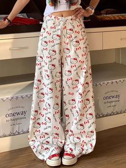 SYKON - Cat Print White High-Waisted Wide-Leg Jeans