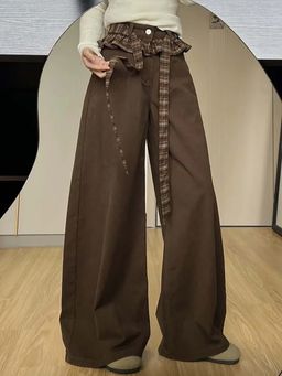 SYKON - Retro Jeans Design Splicing Plaid Straight Pants