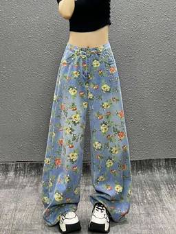 SYKON - Retro Floral All-Over Print Wide-Leg Jeans for Women