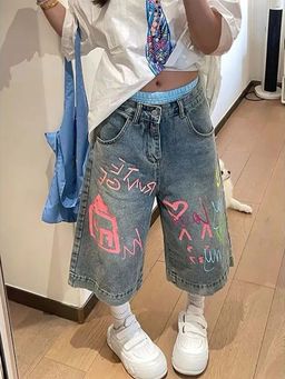 SYKON - Design Graffiti Loose Retro Printed Denim Shorts Cropped Pants