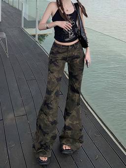 SYKON - Retro Slim Fit Camouflage Flare Jeans for Women