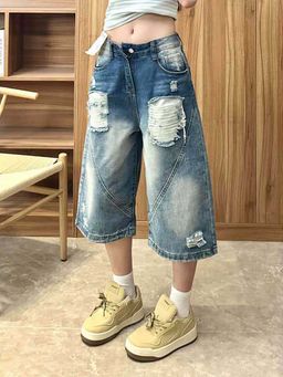 SYKON - Wide-Leg Retro Washed Ripped Cropped Capri Jeans for Women