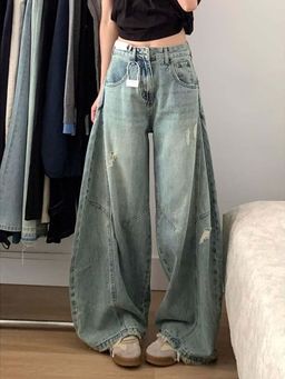 SYKON - Retro High-Waisted Loose Slimming Look Draped Floor-Length Pants