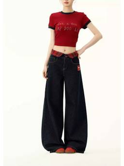 SYKON - Cat Embroidered High-Waisted Wide-Leg Jeans