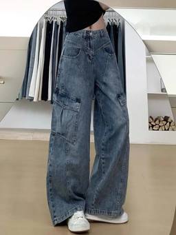 SYKON - Wide-Leg Loose Slimming Versatile Distressed Blue Washed Jeans